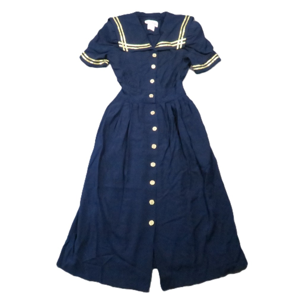 Miss Dorby Vintage Sailor Midi Dress Size 8 Navy Gold Trim Button Front Nautical